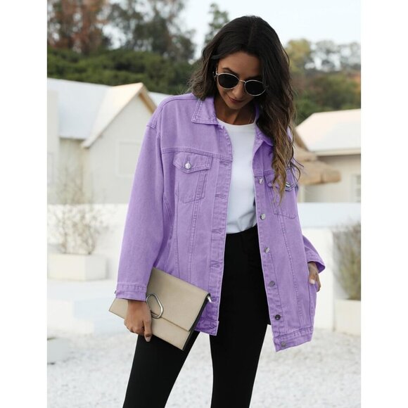 Women's Oversized Mid Long Denim Jacket Jean Biker Coat Long Sleeves Purple - Picture 2 of 7